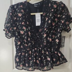 NWT Miss Chievous Black Blouse with Pink Floral Pattern Medium